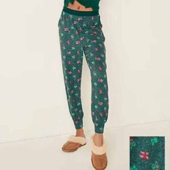 Victorias Secret PINK Christmas Presents Cozy Pajama Jogger Pants green Large - Picture 1 of 7